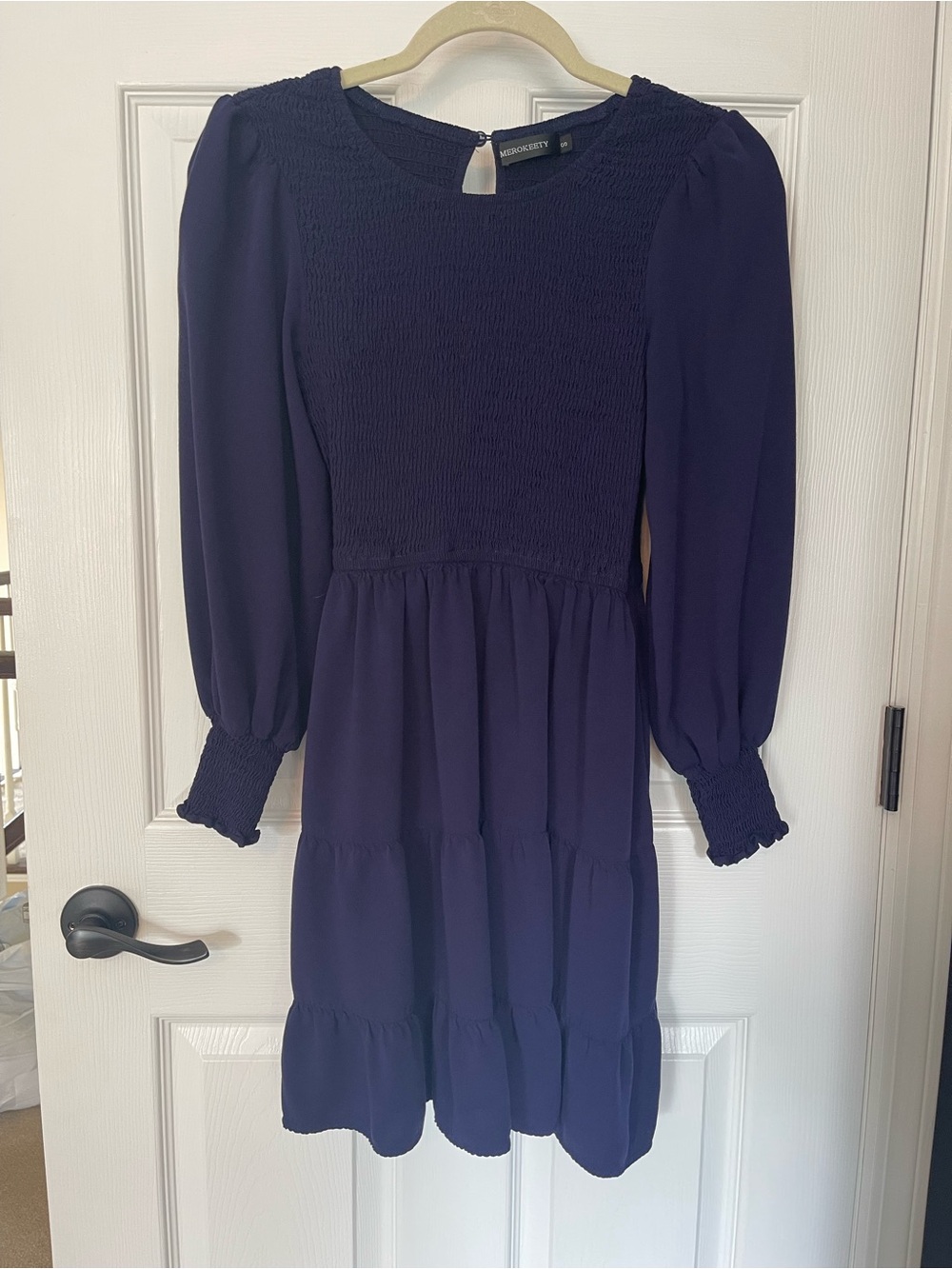 Navy Blue Long Sleeve Smocked Tiered Dress with Pockets